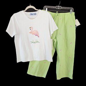 Jane Ashley Matching Flamingo Set White Beaded Shirt and Green Capris